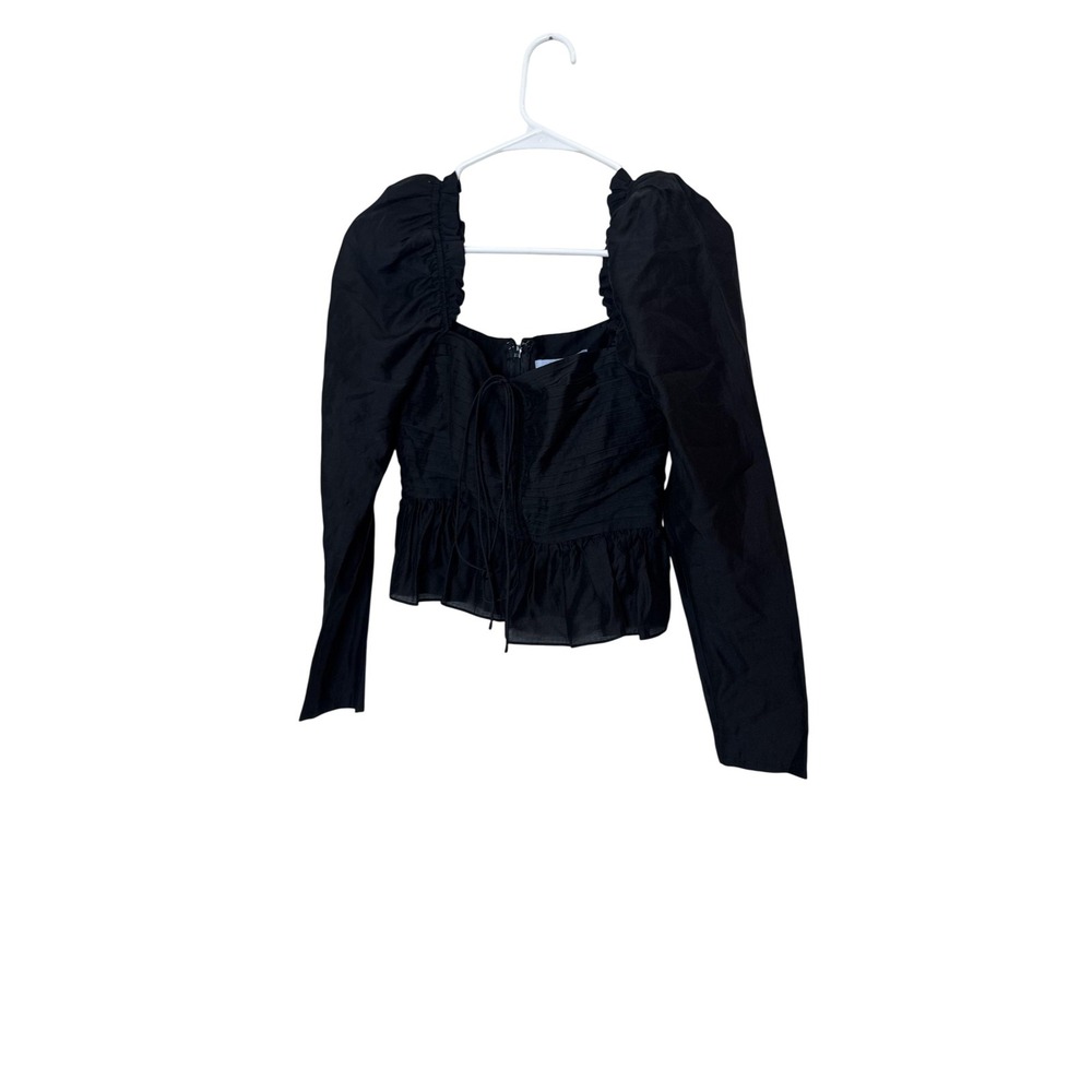 Antonio Melani Blouse Womens 0 Black Square Neck Puff Sleeve Cropped Top Peplum